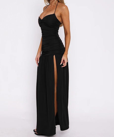 Effortless Chic Ruched Halter Maxi Dress – High Slit Elegance for Holiday Getaways & Special Occasions