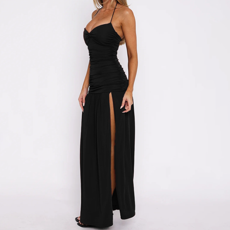 Effortless Chic Ruched Halter Maxi Dress – High Slit Elegance for Holiday Getaways & Special Occasions