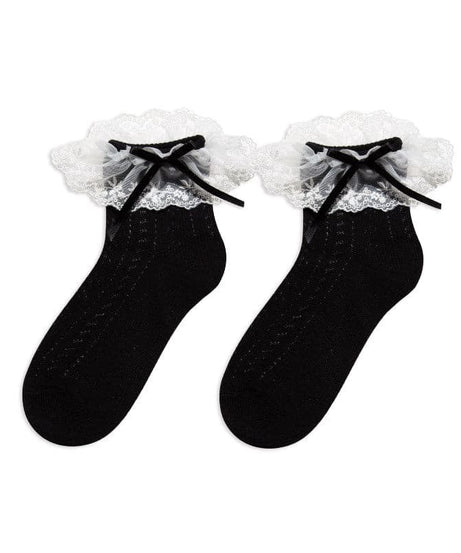 Enchanting Black Lace Ruffle Ankle Socks with Satin Bows - Vintage Charm for Fall & Halloween