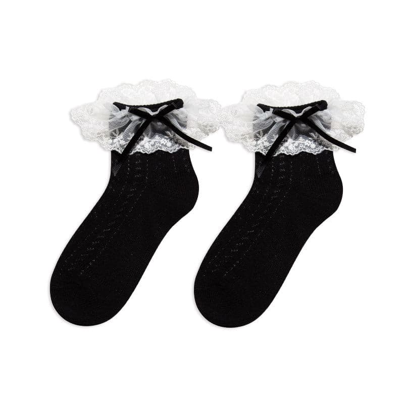 Enchanting Black Lace Ruffle Ankle Socks with Satin Bows - Vintage Charm for Fall & Halloween