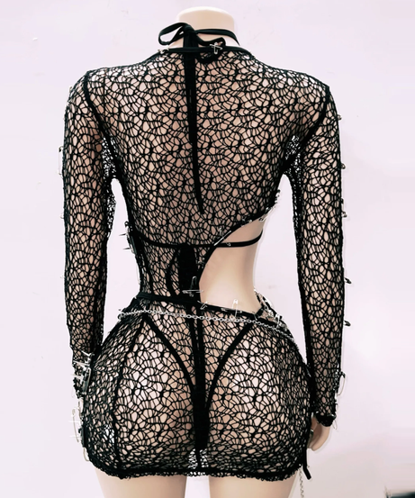 Spooky Chic Skull & Chain Mesh 3-Piece Set - Ultimate Halloween Rave & Festival Outfit