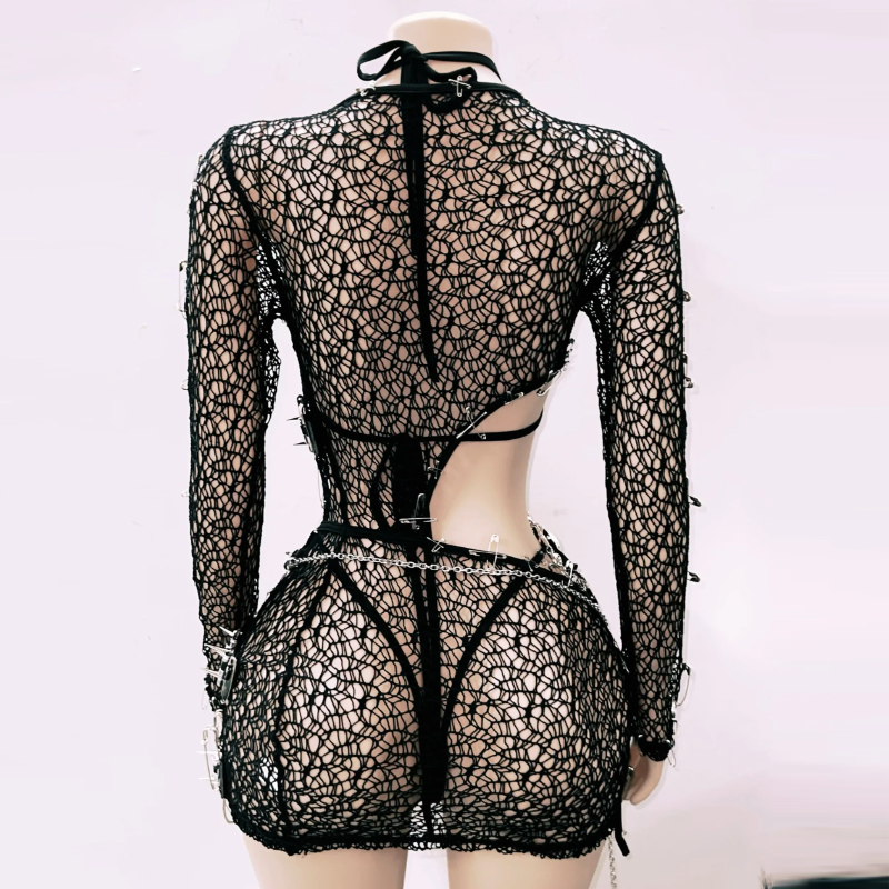 Spooky Chic Skull & Chain Mesh 3-Piece Set - Ultimate Halloween Rave & Festival Outfit