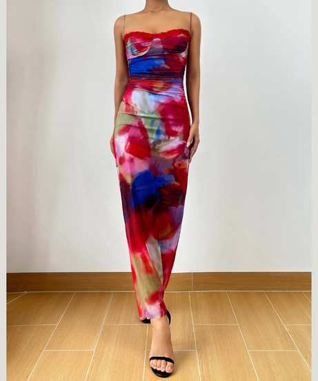 Watercolor Bloom Mesh Maxi Dress with Lace Bustier - Your Fall/Winter Gala & Holiday Party Statement