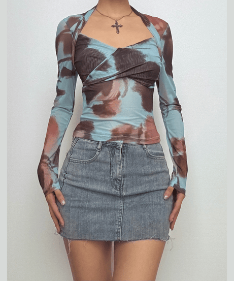 Autumn Edge Tie-Dye Mesh Wrap Top - Chic Long Sleeve Sheer Style
