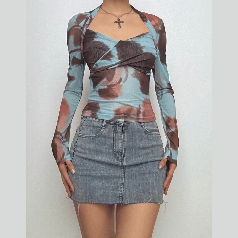 Autumn Edge Tie-Dye Mesh Wrap Top - Chic Long Sleeve Sheer Style