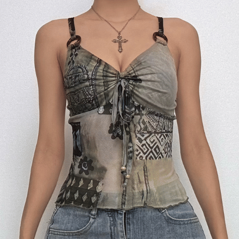 Y2K Boho Chic Patchwork Mesh Cami Top - O-Ring Ruched Detail for Fall