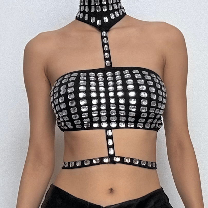 Dazzling Rhinestone Halter Crop Top - Ultimate Party, Club & Halloween Glam