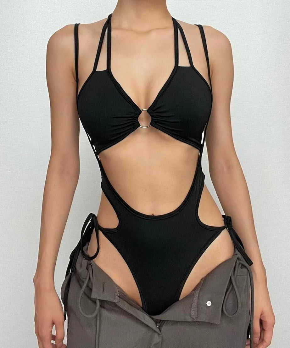 Siren Black O-Ring Cutout Halter Monokini | Statement Vacation & Party Bodysuit