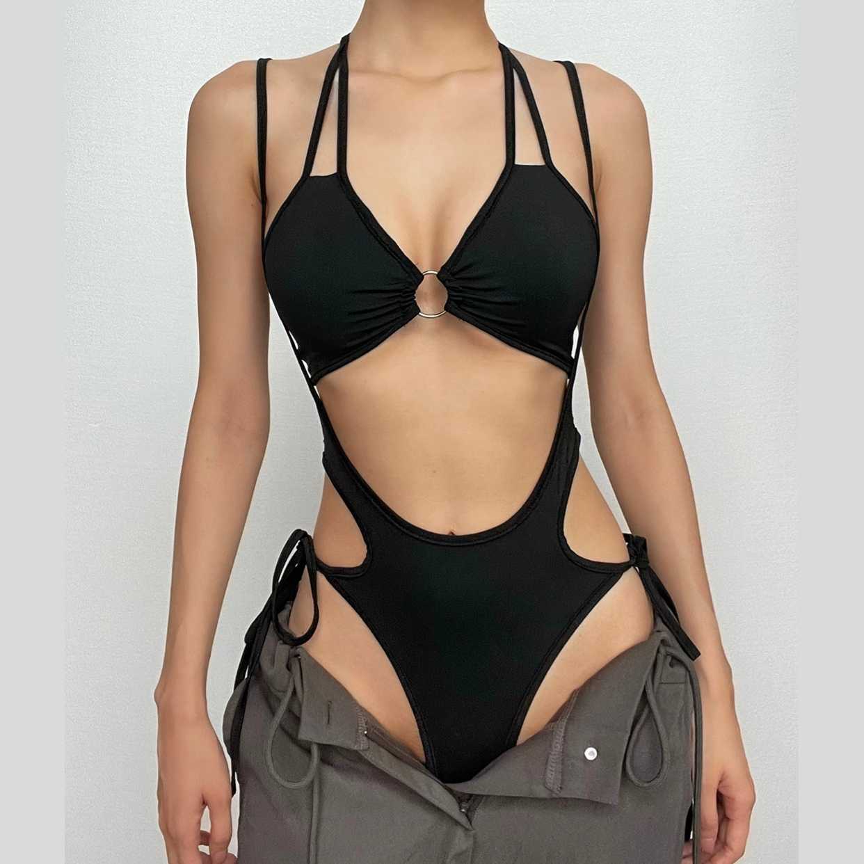 Siren Black O-Ring Cutout Halter Monokini | Statement Vacation & Party Bodysuit