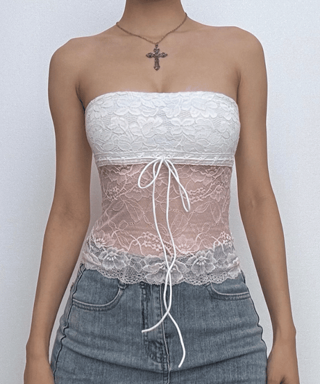 Y2K Romantic Lace Drawstring Tube Top - Strapless & Chic for Fall Layering