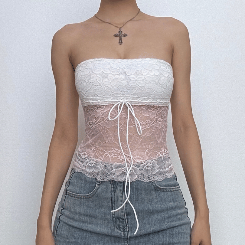 Y2K Romantic Lace Drawstring Tube Top - Strapless & Chic for Fall Layering