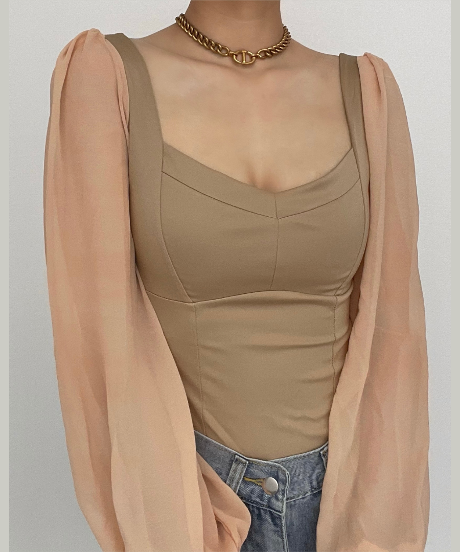 Effortless Elegance: Backless Sweetheart Bodysuit with Sheer Puff Sleeves | Fall & Holiday Chic