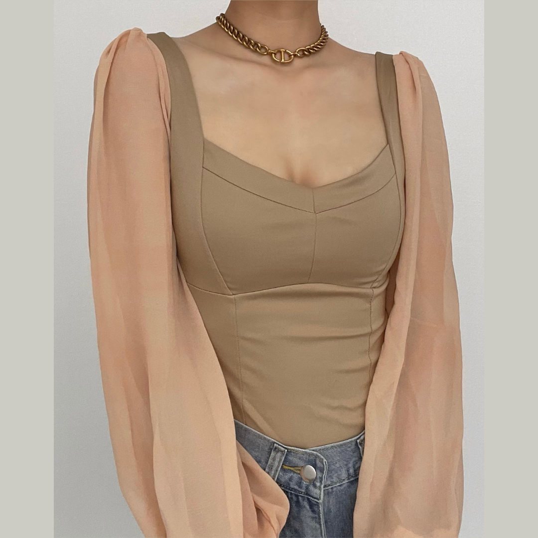 Effortless Elegance: Backless Sweetheart Bodysuit with Sheer Puff Sleeves | Fall & Holiday Chic