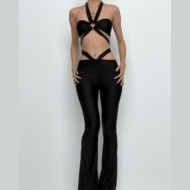 Y2K Black Strappy O-Ring Cutout Halter Top & Flare Pant Set - Perfect for Halloween & Fall Parties