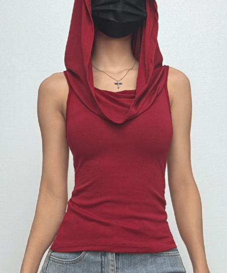 Autumn Enchantress: Deep Wine Red Sleeveless Cowl Neck Hoodie Top for Fall