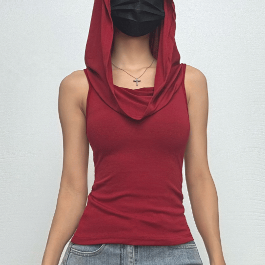 Autumn Enchantress: Deep Wine Red Sleeveless Cowl Neck Hoodie Top for Fall