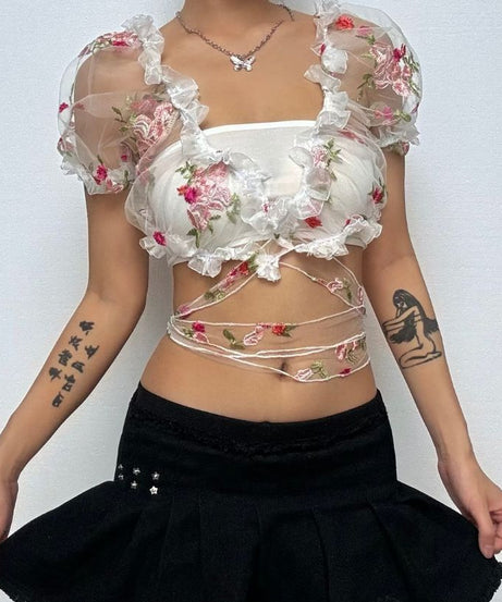Enchanted Floral Embroidered Puff Sleeve Crop Top | Whimsical Tie-Front Party & Festival Top
