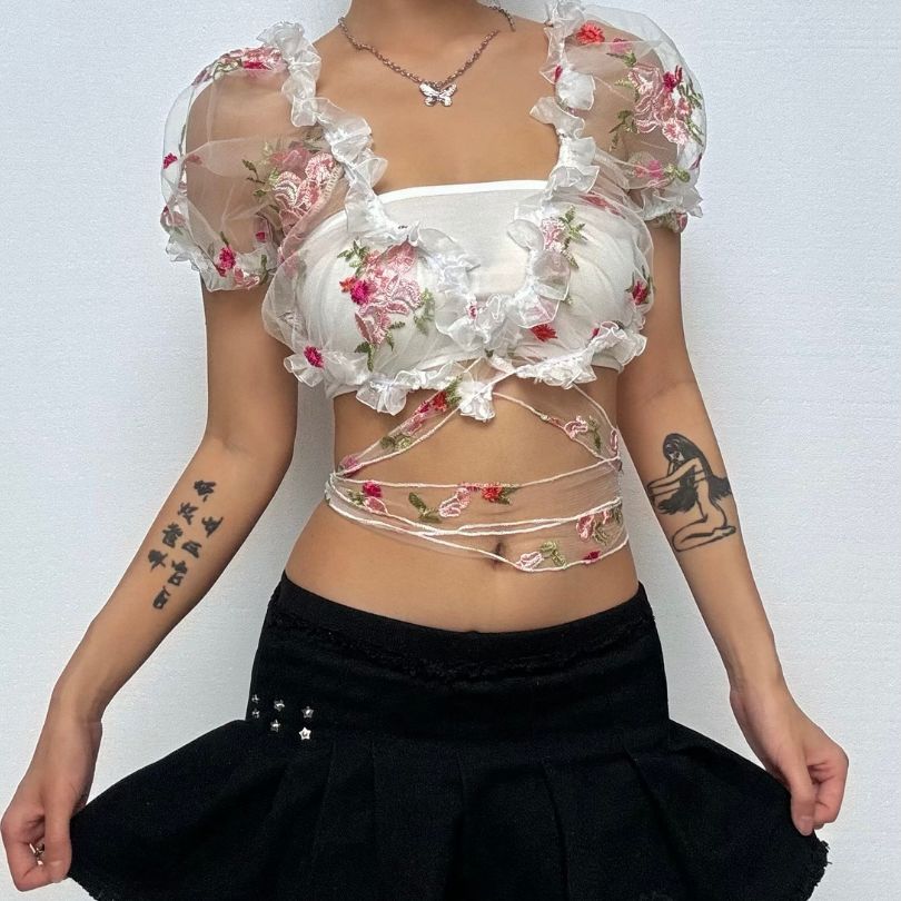 Enchanted Floral Embroidered Puff Sleeve Crop Top | Whimsical Tie-Front Party & Festival Top