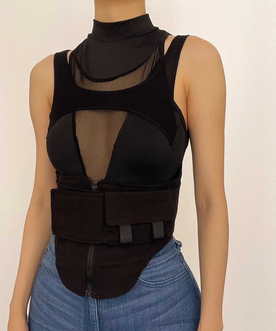 Edgy Mesh Utility Corset Top - High Neck Zip-Up Tactical Streetwear for Fall