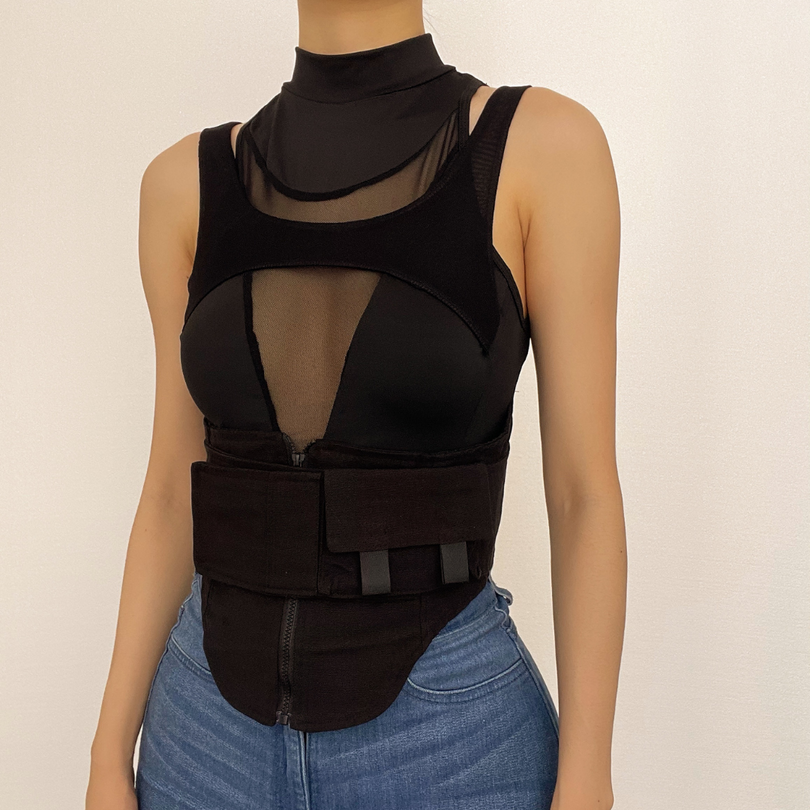 Edgy Mesh Utility Corset Top - High Neck Zip-Up Tactical Streetwear for Fall