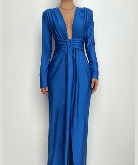 Glamorous Royal Blue Plunge V-Neck Ruched Maxi Dress - Fall & Holiday Party Statement