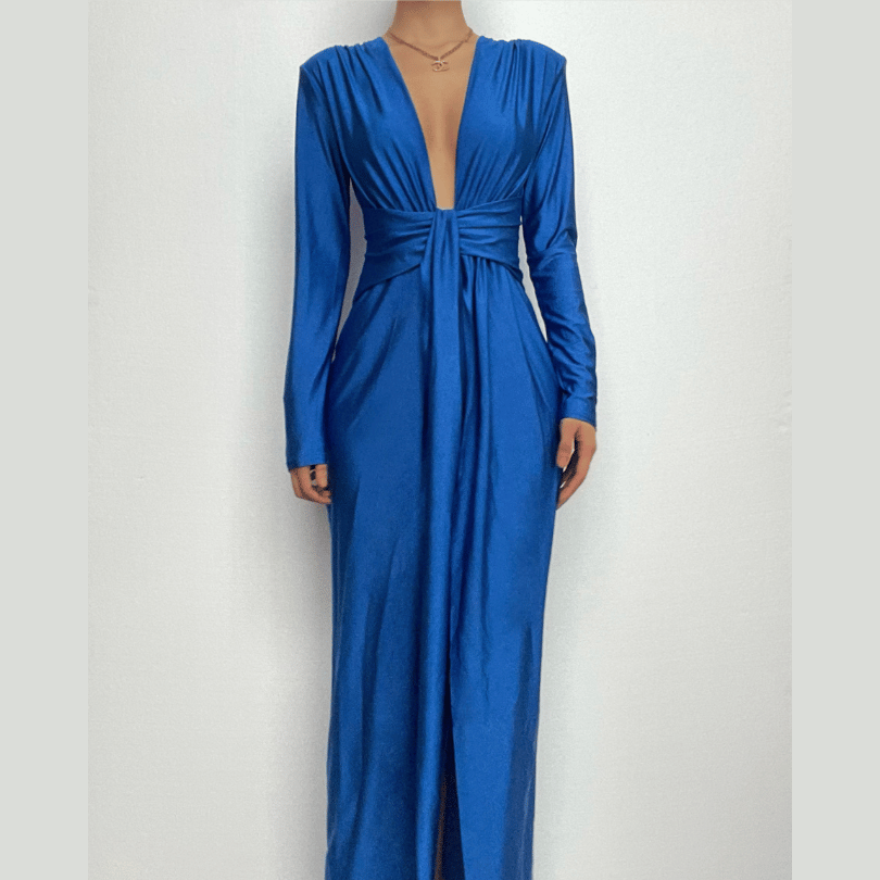 Glamorous Royal Blue Plunge V-Neck Ruched Maxi Dress - Fall & Holiday Party Statement