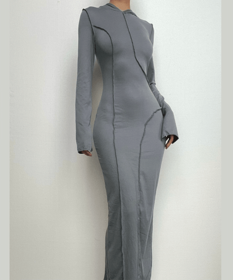 Chic Comfort: Sculptural Seam Hooded Maxi Dress - Fall Bodycon Essential
