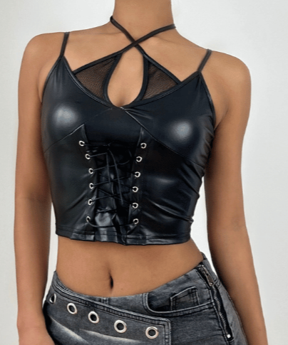 Edgy Faux Leather Lace-Up Crop Top with Mesh | Gothic Glam Cami for Fall & Halloween Nights