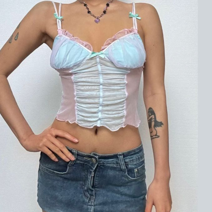 Fairy Dust Pastel Mesh Bow Cami Top - Coquette Sweetheart Style for Fall Layering