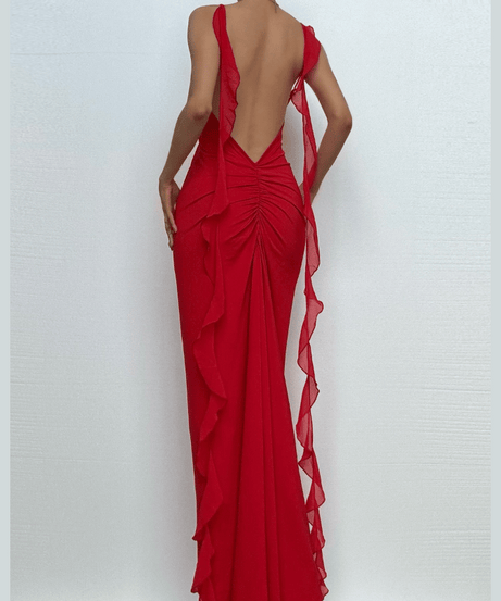 Siren Red Backless Ruffle Maxi Dress - Holiday Gala & Fall Elegance