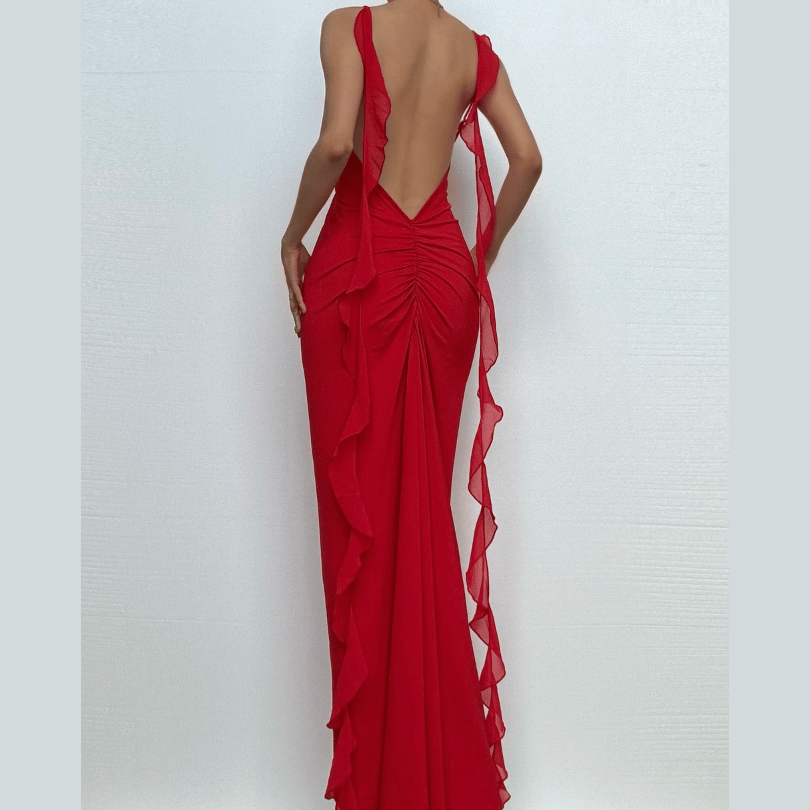 Siren Red Backless Ruffle Maxi Dress - Holiday Gala & Fall Elegance