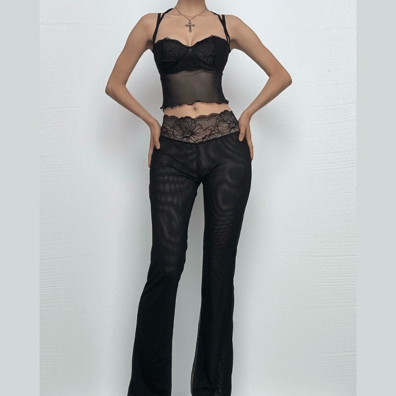 “Sultry Siren” Black Lace Mesh Sweetheart Cami & Flare Pant Set | Halloween & Fall Nights