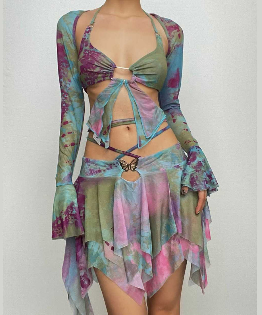 Enchanted Fairycore Tie-Dye Mini Skirt Set - Butterfly Halter Top & Flared Sleeves for Halloween & Rave Parties