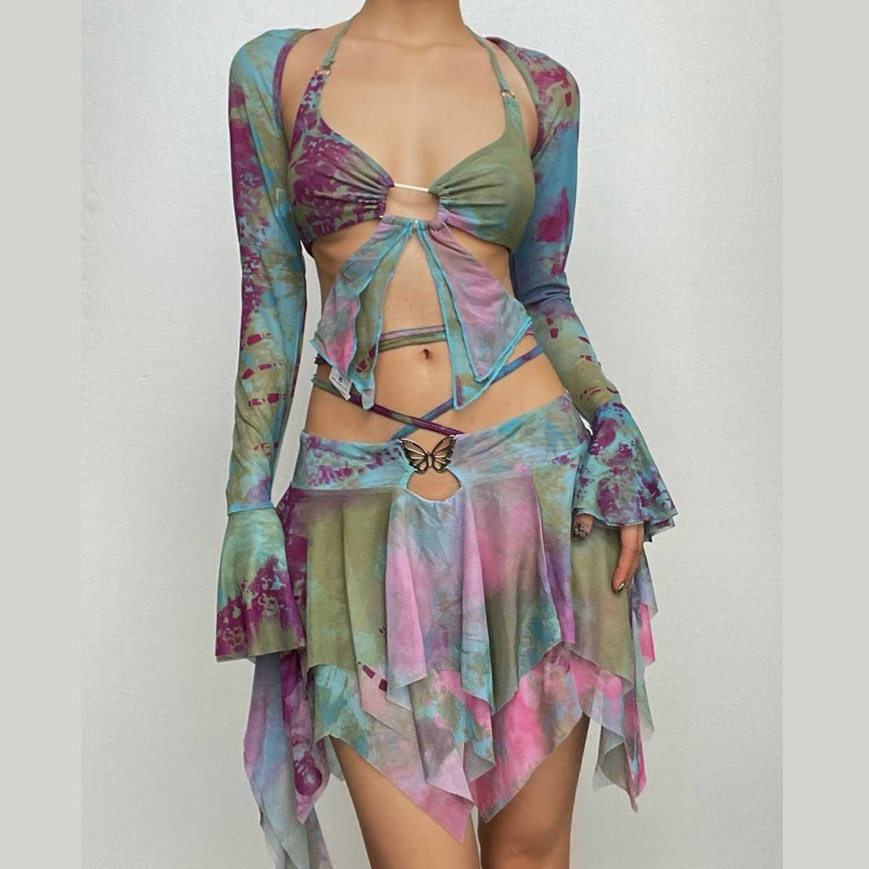 Enchanted Fairycore Tie-Dye Mini Skirt Set - Butterfly Halter Top & Flared Sleeves for Halloween & Rave Parties