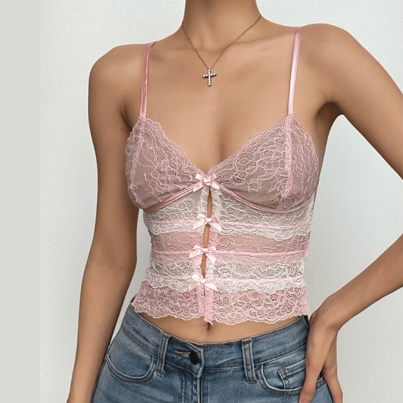 Coquette Chic: Pink Lace Bow Cut-Out Cami Top – Your Autumn Evening & Halloween Party Essential