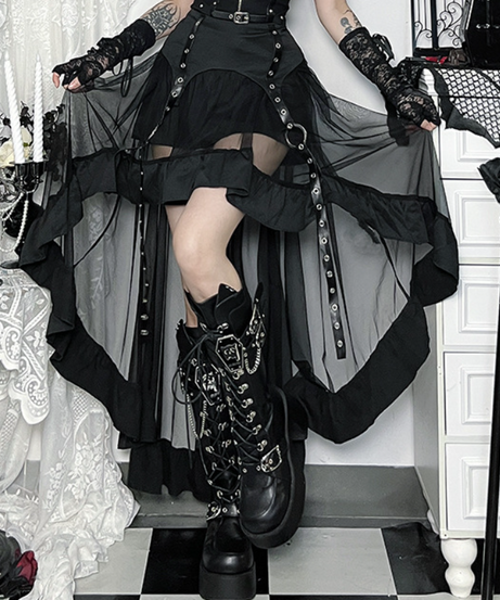 Spooky Chic: O-Ring Mesh Irregular Skirt - Gothic Punk Halloween Statement
