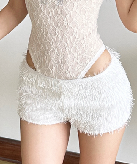Whimsical Fluffy Low-Rise Shorts - Cozy Chic for Halloween & Holiday Parties