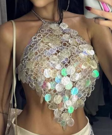 Shimmering Holographic Chainmail Halter Top | Festival, Rave & NYE Party Ready