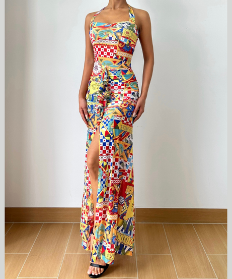 Vibrant Global Print Halter Maxi Dress - High Slit Ruched Style for Winter Sun & Resort Escapes