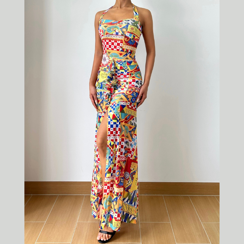Vibrant Global Print Halter Maxi Dress - High Slit Ruched Style for Winter Sun & Resort Escapes