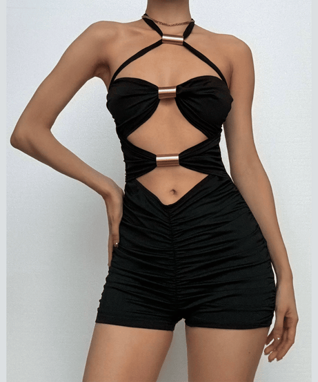 Sleek Black Halter Cutout Romper with Gold Hardware | Ruched Party Jumpsuit for Fall & Holiday Glam