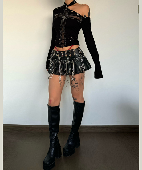 "Rebel Heart" Goth Safety Pin Cross Mesh Cut-Out Top - Edgy Halloween & Fall Statement
