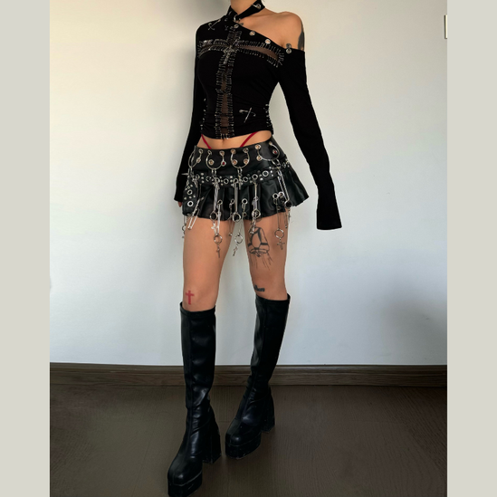 "Rebel Heart" Goth Safety Pin Cross Mesh Cut-Out Top - Edgy Halloween & Fall Statement