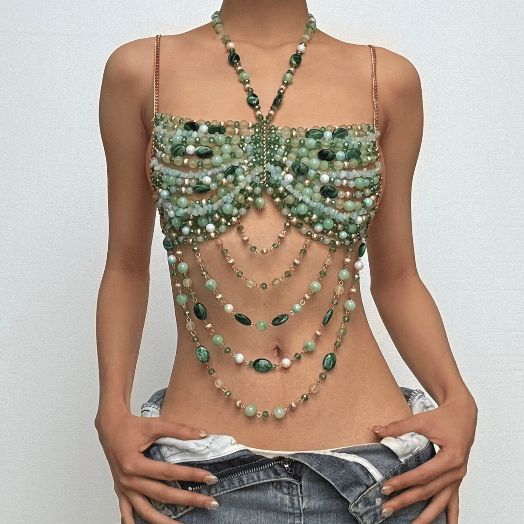 Malachite Dream Beaded Halter Top - Resort Glam & Holiday Getaway Statement Piece
