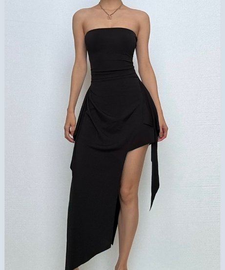 The "Night Out" Strapless Black Asymmetrical Slit Maxi Dress - Fall & Holiday Party Essential
