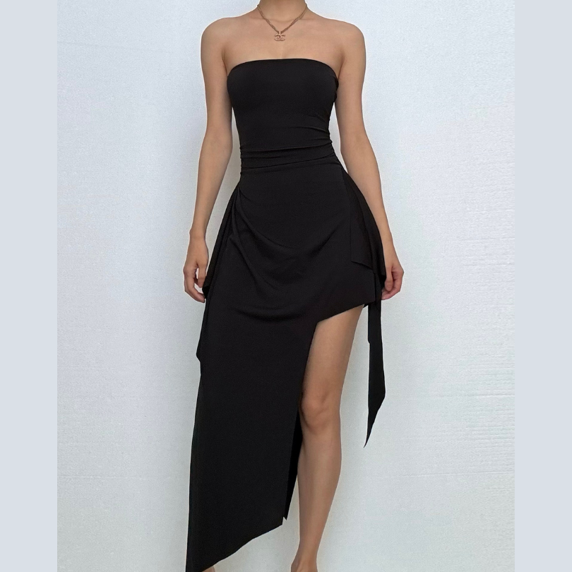 The "Night Out" Strapless Black Asymmetrical Slit Maxi Dress - Fall & Holiday Party Essential