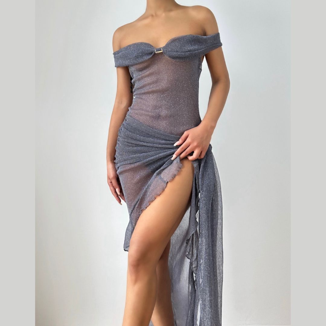 Dazzling Shimmer Off-Shoulder Party Dress with High Slit & Sheer Glam - Perfect for Fall & Holiday Celebrations