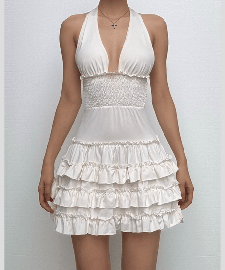 Dreamy White Halter Plunge Ruffle Mini Dress - Chic for Fall Soirees & Sunny Getaways