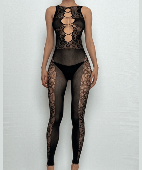 Seductive Black Lace Bodystocking Catsuit – Daring Cross Front for Halloween & Fall Nights