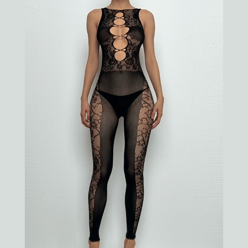 Seductive Black Lace Bodystocking Catsuit – Daring Cross Front for Halloween & Fall Nights
